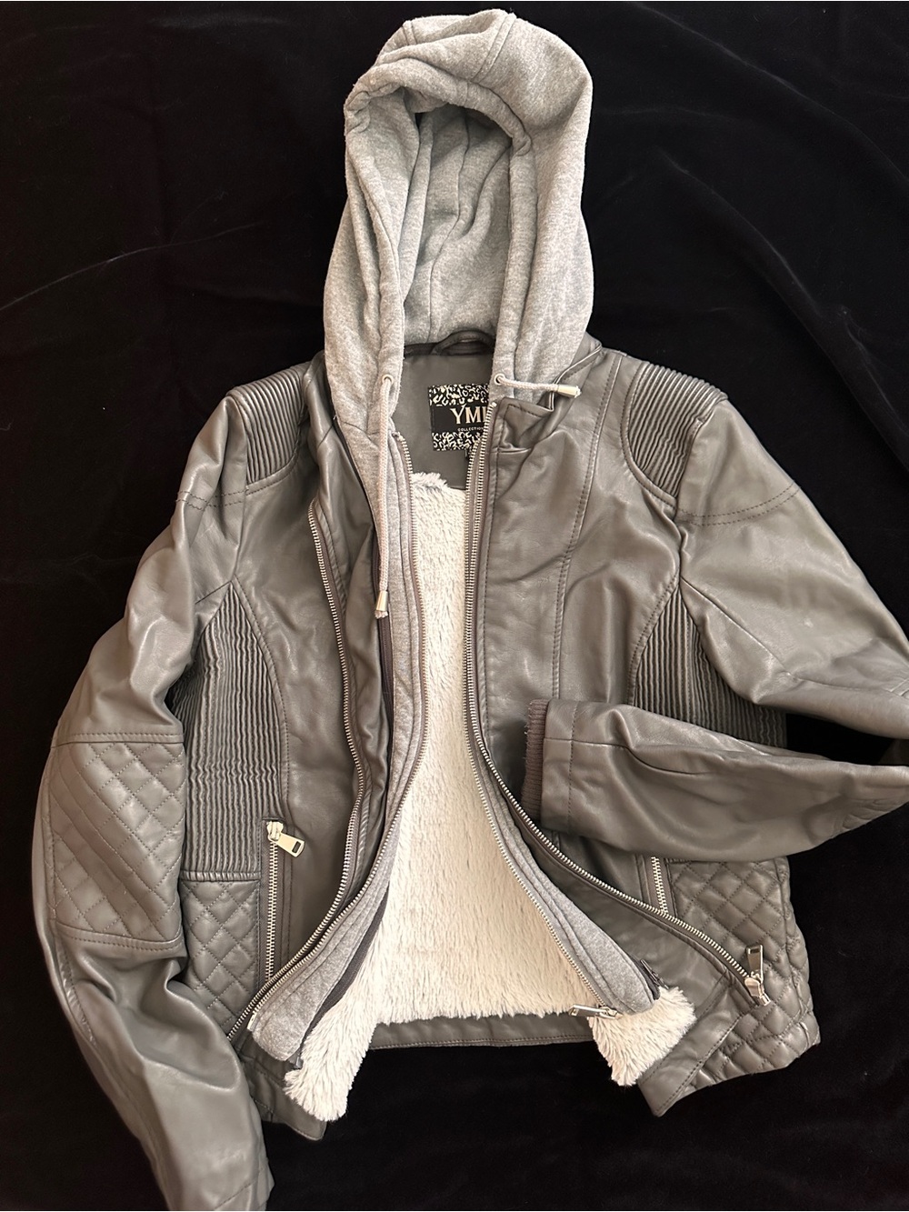 YMI Grey Quilted Faux Leather Jacket with Removable Hoodie